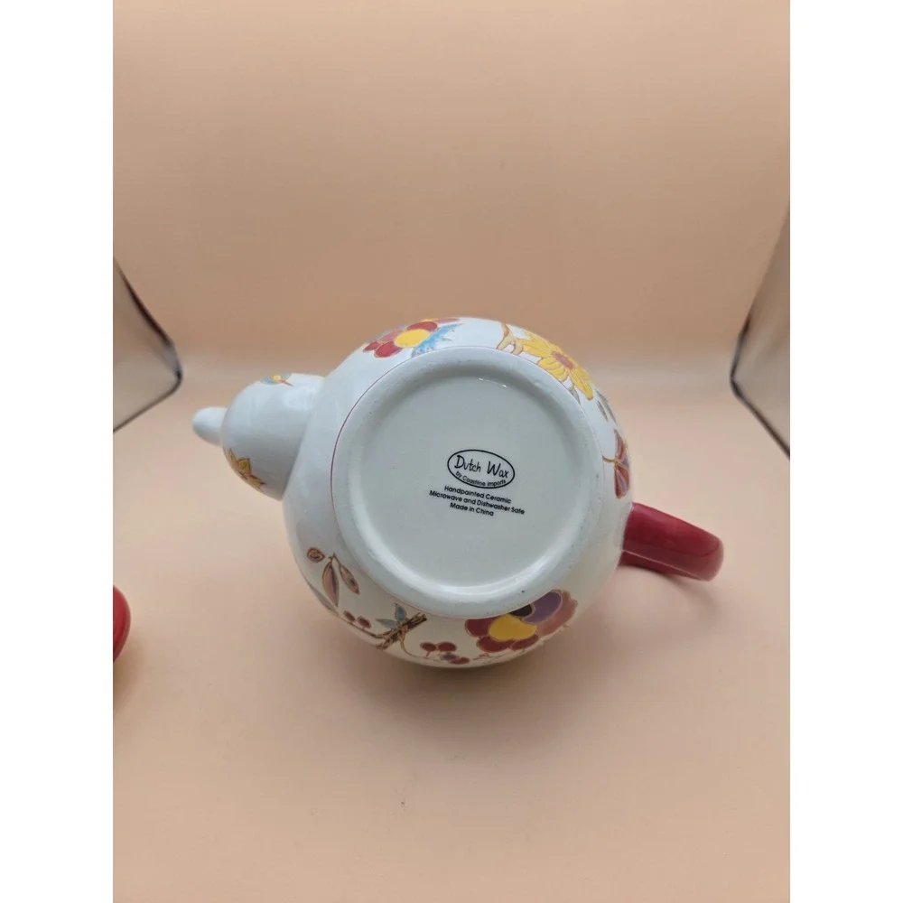 Floral Red TeaPot. Dutch Wax Ceramic with lid. Bright. Colors 7.25